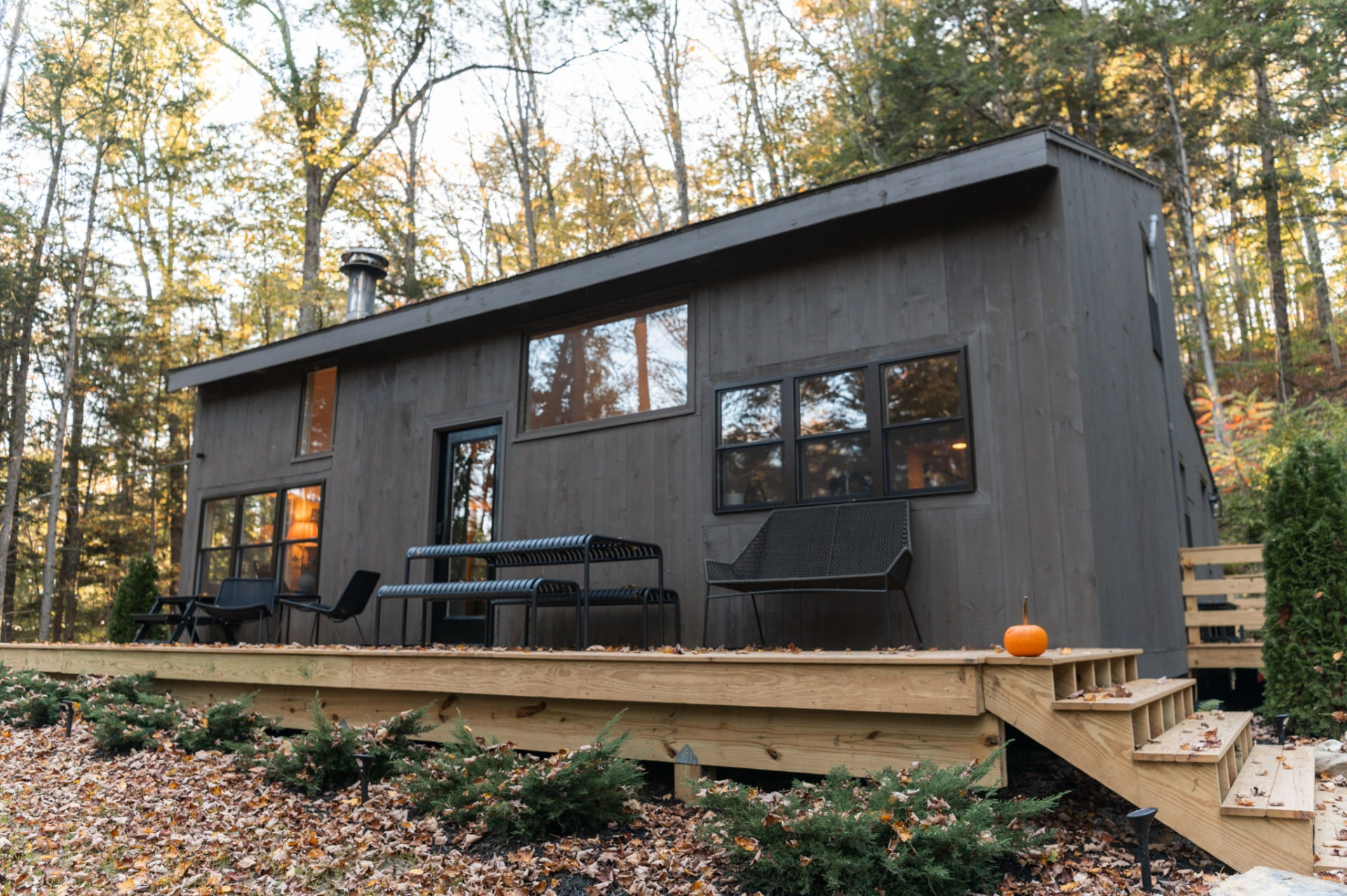 Approved photograph of a dark cottage with a wooden deck, illustrating the future residential style envisioned; not Foundation-owned property